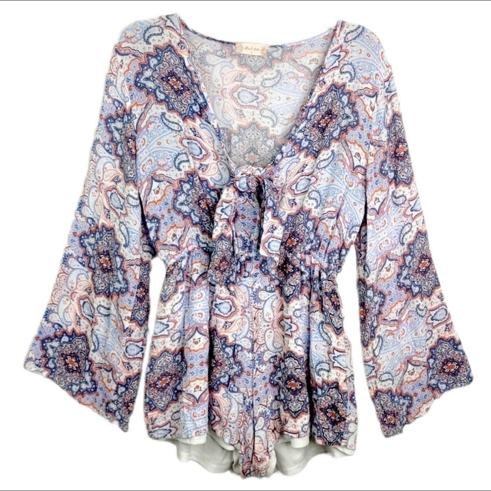Altar’d State Long Bell Flare Sleeve Paisley Printed Cut Out Romper Size Large